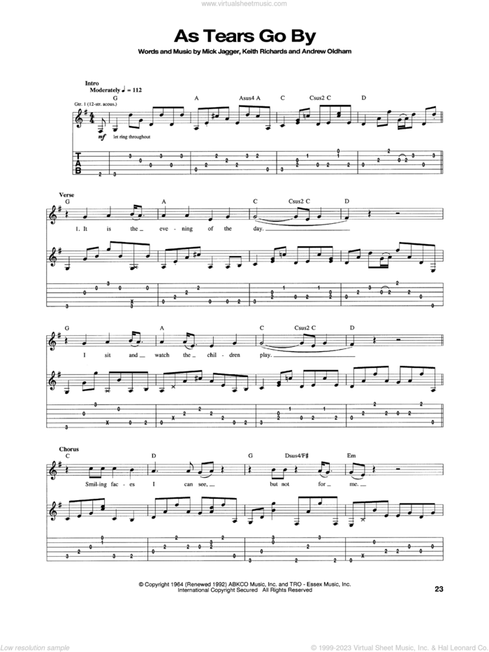 As Tears Go By sheet music for guitar (tablature) by The Rolling Stones, Keith Richard and Mick Jagger, intermediate skill level
