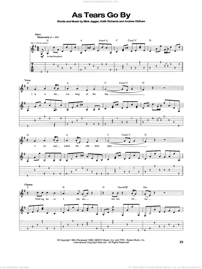 As Tears Go By sheet music for guitar (tablature) by The Rolling Stones, Keith Richard and Mick Jagger, intermediate skill level