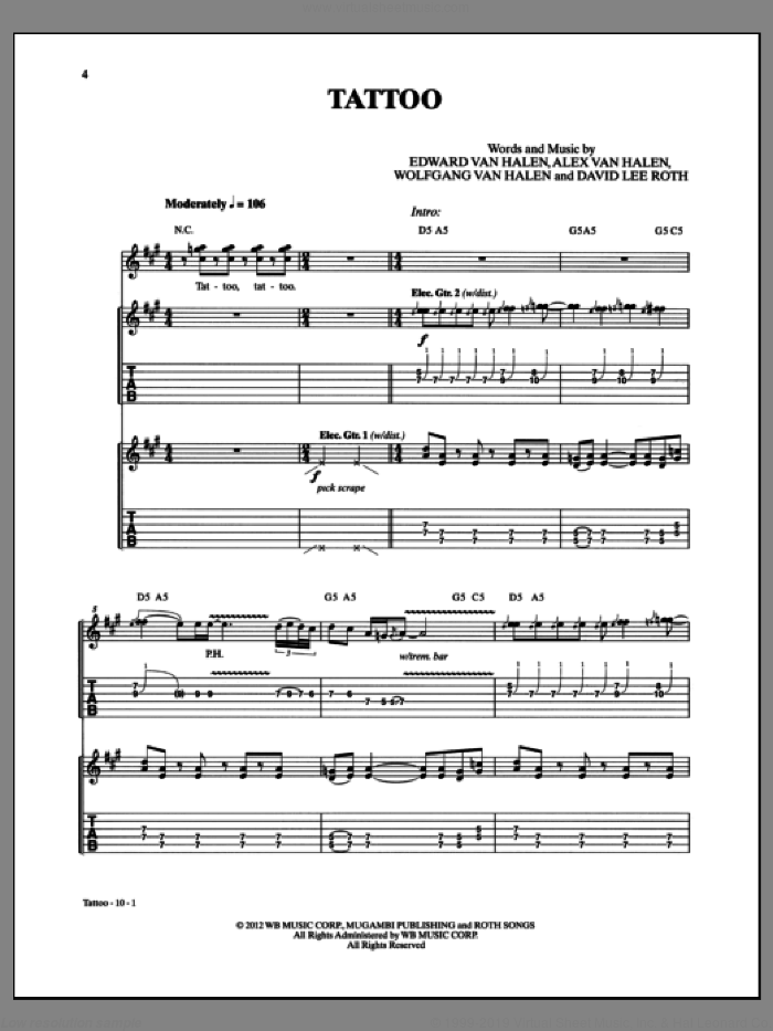 Tattoo sheet music for guitar (tablature) by Edward Van Halen, Alex Van Halen and David Lee Roth, intermediate skill level