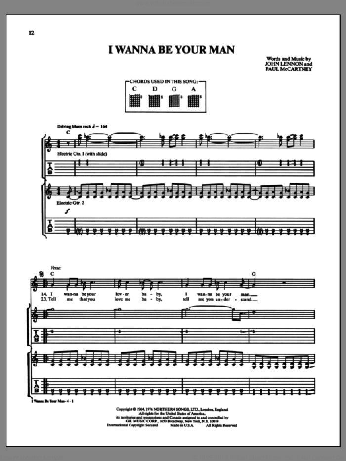 I Wanna Be Your Man sheet music for guitar (tablature) by The Beatles, John Lennon and Paul McCartney, intermediate skill level