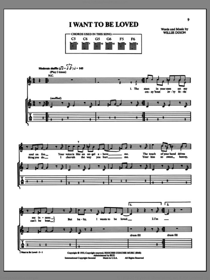 I Want To Be Loved sheet music for guitar (tablature) by Muddy Waters and Willie Dixon, intermediate skill level