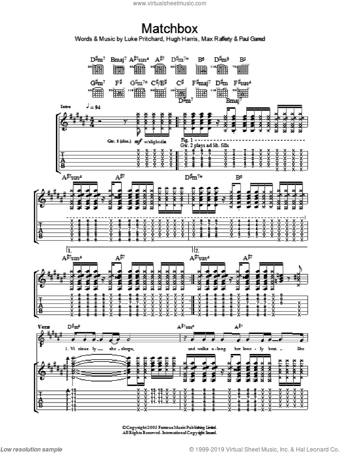 Matchbox sheet music for guitar (tablature) by The Kooks, Hugh Harris, Luke Pritchard, Max Rafferty and Paul Garred, intermediate skill level