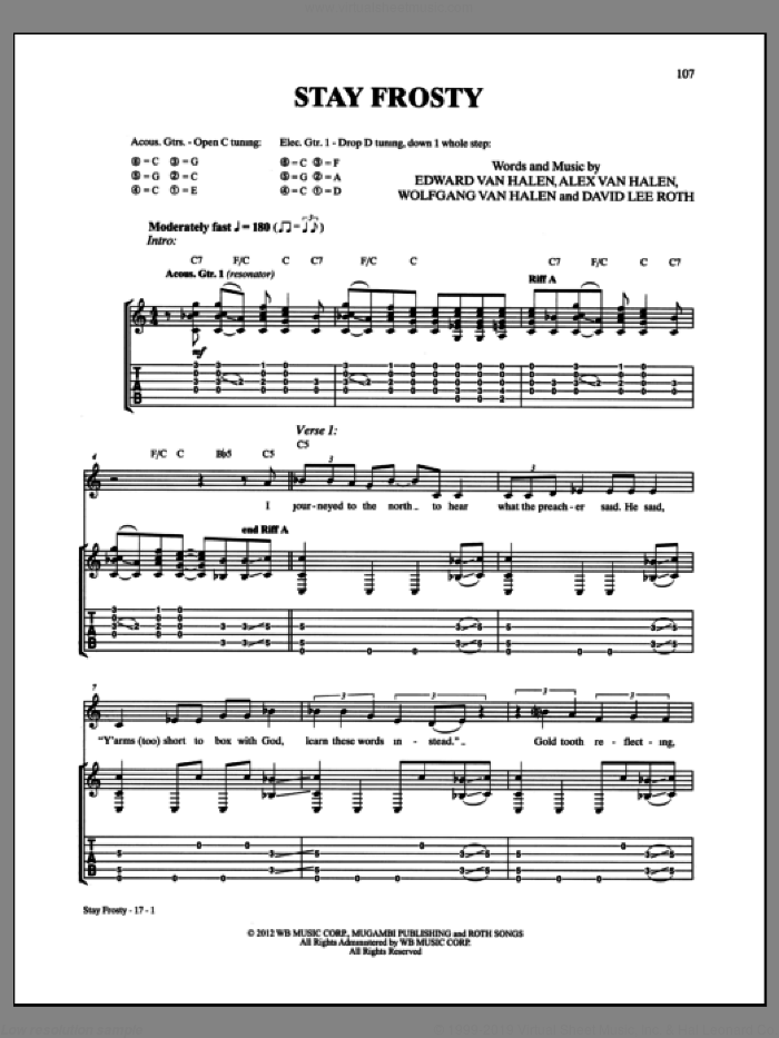 Stay Frosty sheet music for guitar (tablature) by Edward Van Halen, Alex Van Halen, David Lee Roth and Wolfgang Van Halen, intermediate skill level
