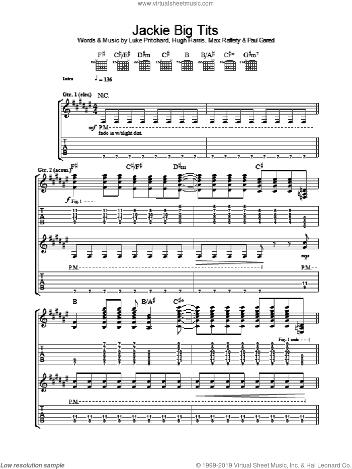 Jackie Big Tits sheet music for guitar (tablature) by The Kooks, Hugh Harris, Luke Pritchard, Max Rafferty and Paul Garred, intermediate skill level