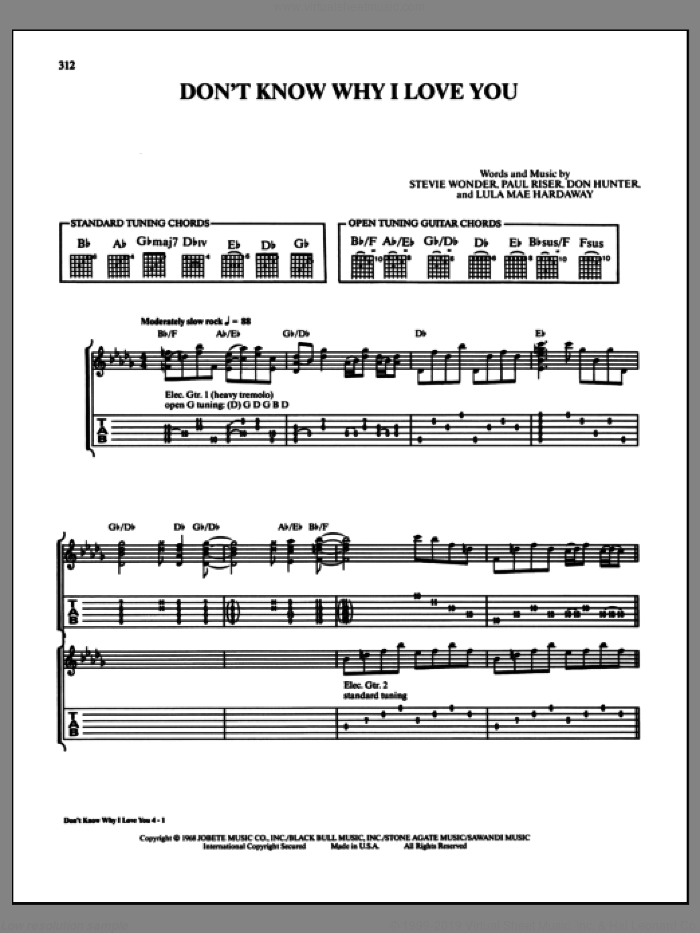 Don't Know Why I Love You sheet music for guitar (tablature) by Stevie Wonder, Don Hunter, Lula Mae Hardaway and Paul Riser, intermediate skill level