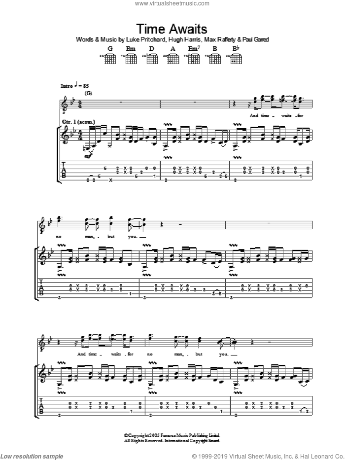 Time Awaits sheet music for guitar (tablature) by The Kooks, Hugh Harris, Luke Pritchard, Max Rafferty and Paul Garred, intermediate skill level