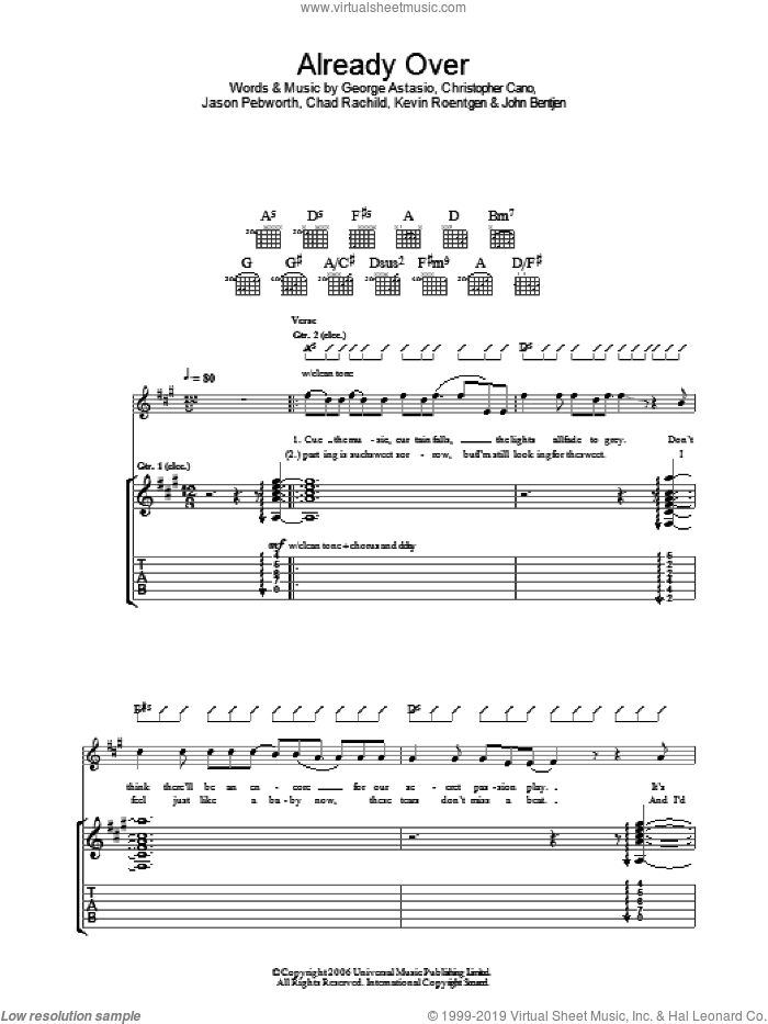 Already Over sheet music for guitar (tablature) by Orson, Chad Rachild, Christopher Cano, George Astasio, Jason Pebworth, John Bentjen and Kevin Roentgen, intermediate skill level