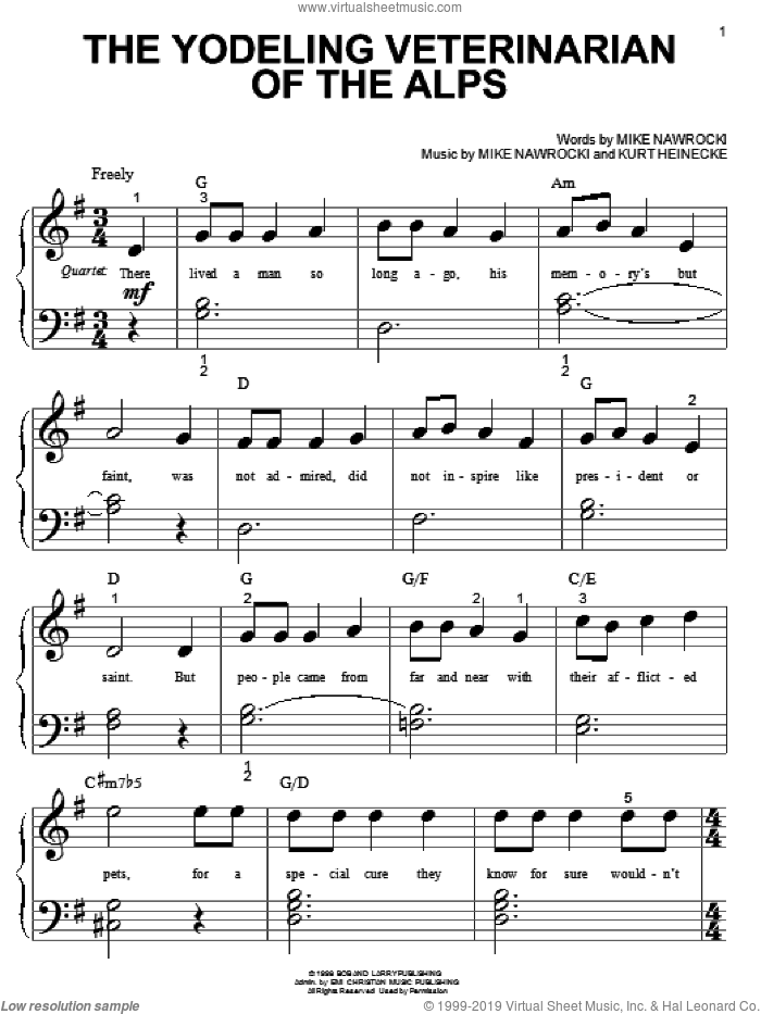 The Yodeling Veterinarian Of The Alps sheet music for piano solo (big note book) by VeggieTales, Kurt Heinecke and Mike Nawrocki, easy piano (big note book)