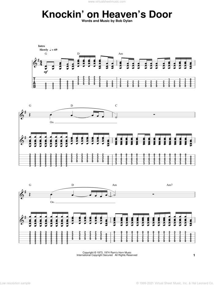 Knockin' On Heaven's Door sheet music for guitar (tablature, play-along) by Bob Dylan and Eric Clapton, intermediate skill level