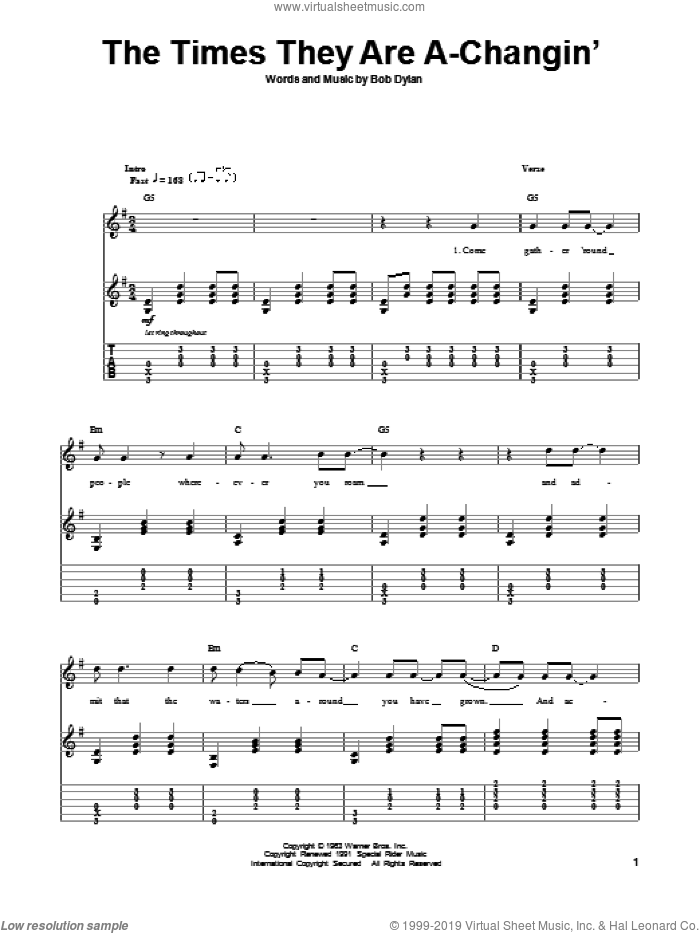 The Times They Are A-Changin' sheet music for guitar (tablature, play-along) by Bob Dylan and Peter, Paul & Mary, intermediate skill level