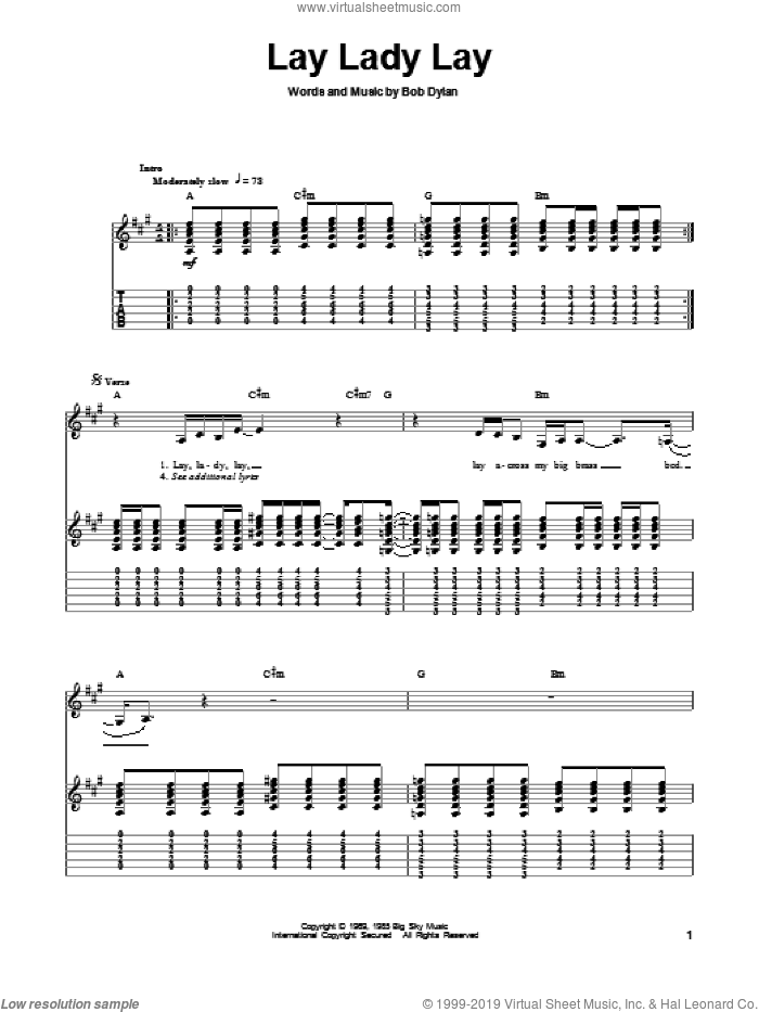 Lay Lady Lay sheet music for guitar (tablature, play-along) by Bob Dylan, intermediate skill level
