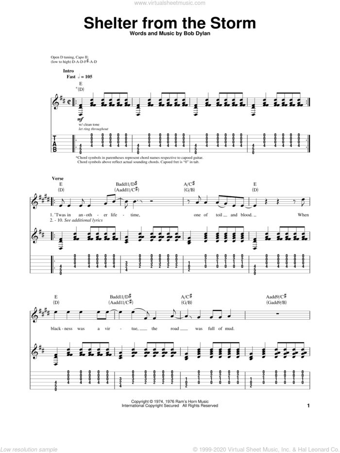 Shelter From The Storm sheet music for guitar (tablature, play-along) by Bob Dylan, intermediate skill level