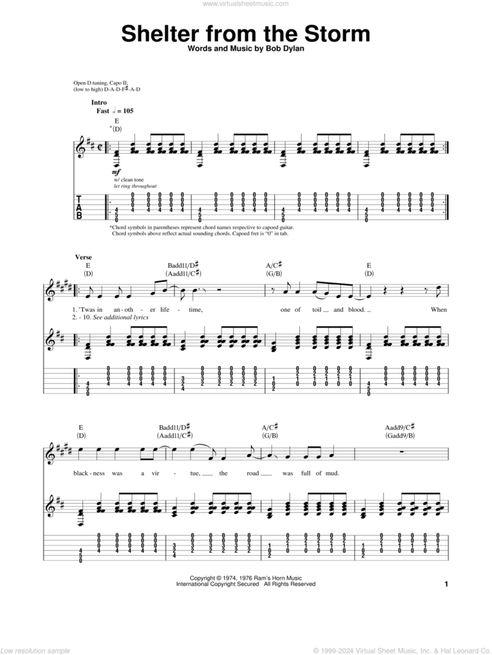 Shelter From The Storm sheet music for guitar (tablature, play-along) by Bob Dylan, intermediate skill level