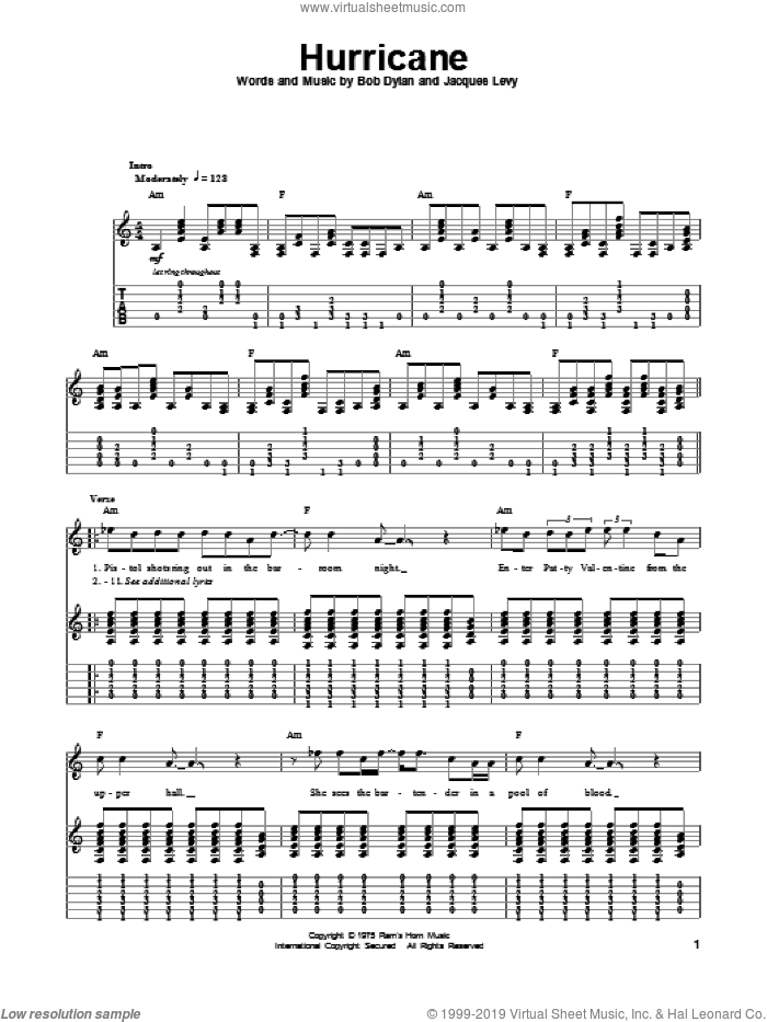 Hurricane sheet music for guitar (tablature, play-along) by Bob Dylan and Jacques Levy, intermediate skill level
