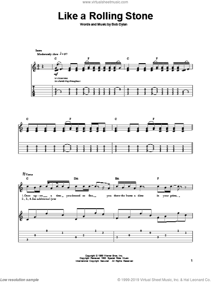 Like A Rolling Stone sheet music for guitar (tablature, play-along) by Bob Dylan, intermediate skill level
