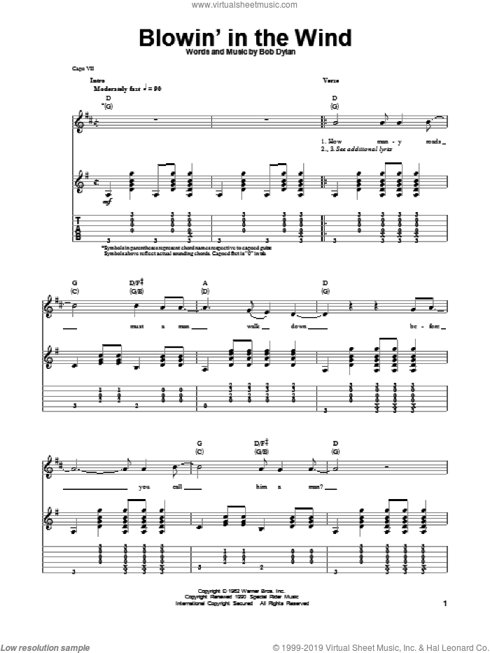 Blowin' In The Wind sheet music for guitar (tablature, play-along) by Bob Dylan, Peter, Paul & Mary and Stevie Wonder, intermediate skill level