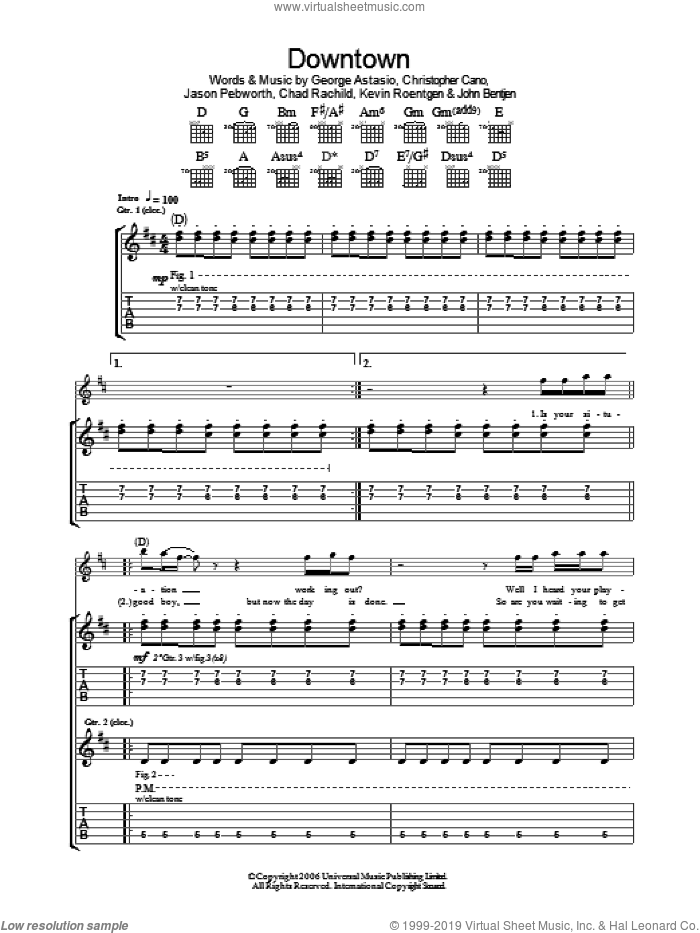 Downtown sheet music for guitar (tablature) by Orson, Chad Rachild, Christopher Cano, George Astasio, Jason Pebworth, John Bentjen and Kevin Roentgen, intermediate skill level