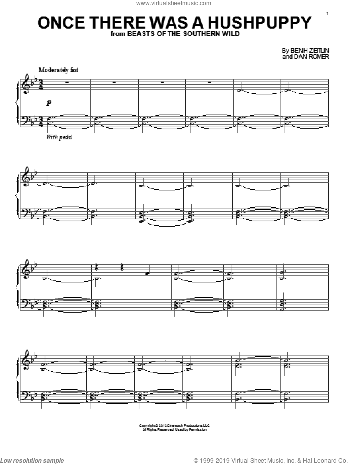 Once There Was A Hushpuppy sheet music for piano solo by Dan Romer and Benh Zeitlin, intermediate skill level