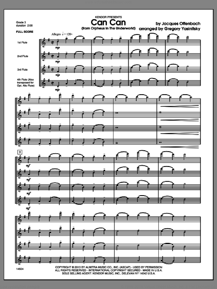 Can Can (from Orpheus In The Underworld) (COMPLETE) sheet music for flute quartet by Jacques Offenbach and Gregory Yasinitsky, classical score, intermediate skill level