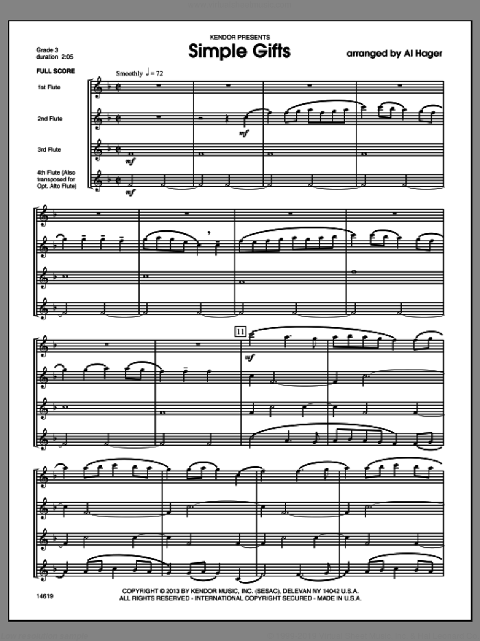 Simple Gifts (COMPLETE) sheet music for flute quartet by Al Hager, classical score, intermediate skill level