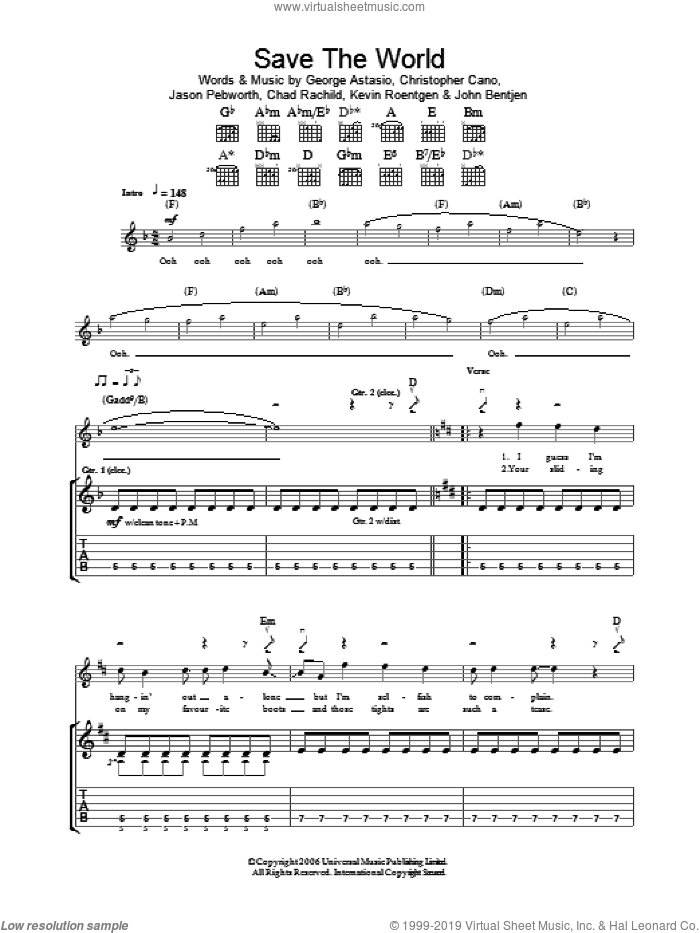 Save The World sheet music for guitar (tablature) by Orson, Chad Rachild, Christopher Cano, George Astasio, Jason Pebworth, John Bentjen and Kevin Roentgen, intermediate skill level