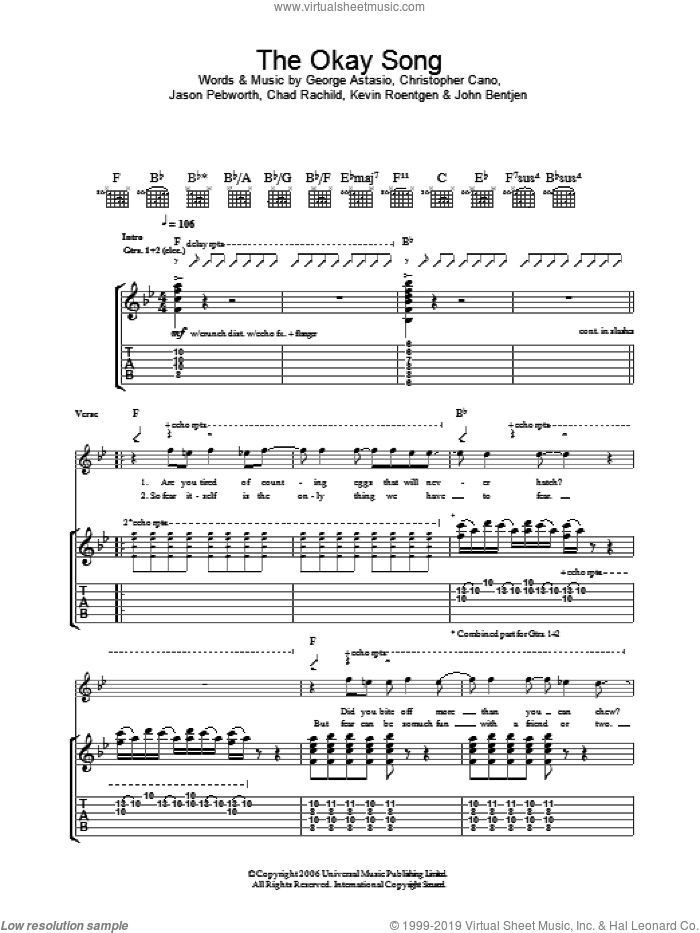 The Okay Song sheet music for guitar (tablature) by Orson, Chad Rachild, Christopher Cano, George Astasio, Jason Pebworth, John Bentjen and Kevin Roentgen, intermediate skill level