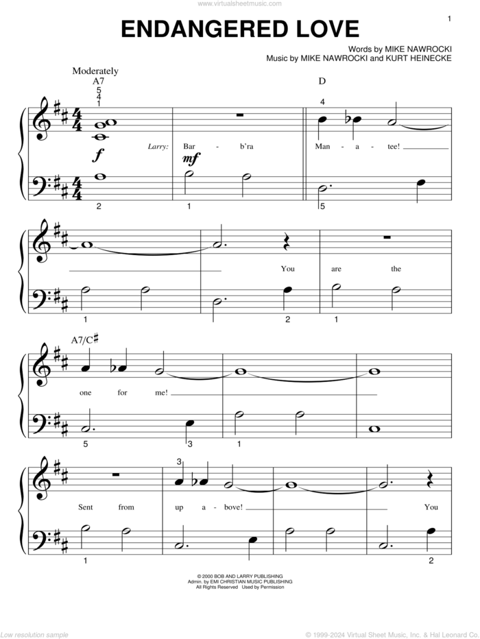 Endangered Love sheet music for piano solo (big note book) by VeggieTales, Kurt Heinecke and Mike Nawrocki, easy piano (big note book)