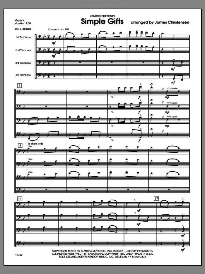 Simple Gifts (COMPLETE) sheet music for four trombones by James Christensen, classical score, intermediate skill level