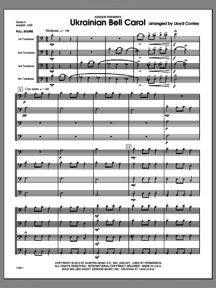 Ukrainian Bell Carol (COMPLETE) sheet music for four trombones by Lloyd Conley, classical score, intermediate skill level
