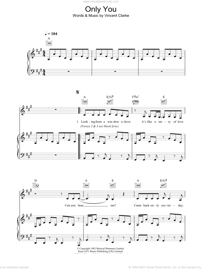 Only You sheet music for voice, piano or guitar by Yazoo and Vince Clarke, intermediate skill level