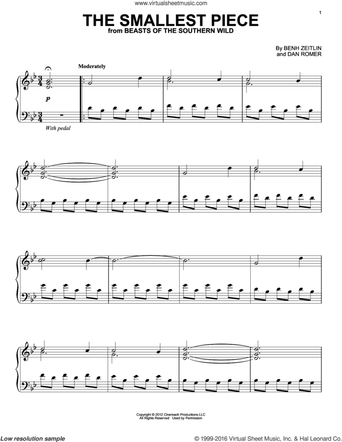 The Smallest Piece sheet music for piano solo by Benh Zeitlin and Dan Romer, intermediate skill level