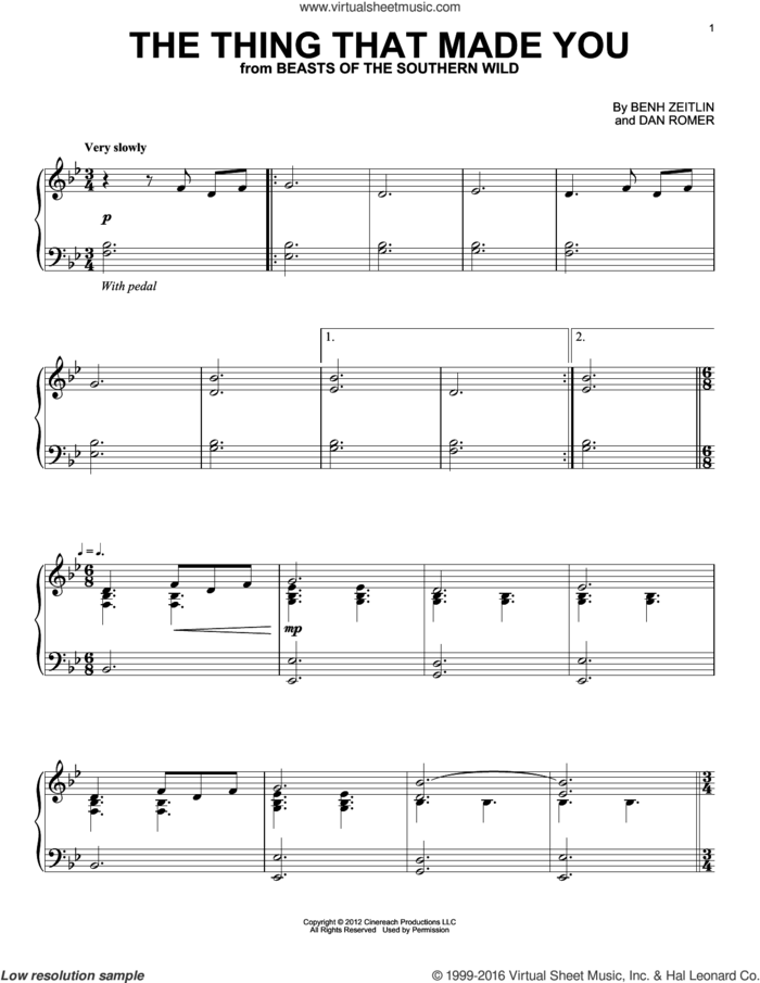 The Thing That Made You sheet music for piano solo by Benh Zeitlin and Dan Romer, intermediate skill level