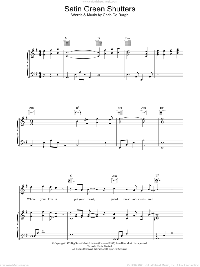 Satin Green Shutters sheet music for voice, piano or guitar by Chris de Burgh, intermediate skill level