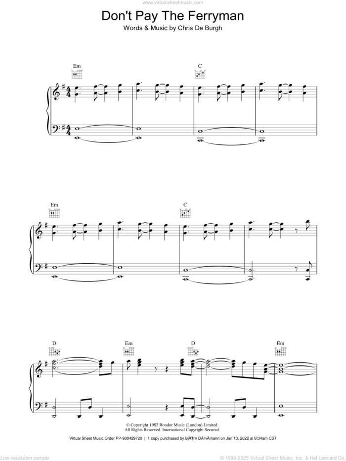 Don't Pay The Ferryman sheet music for voice, piano or guitar by Chris de Burgh, intermediate skill level