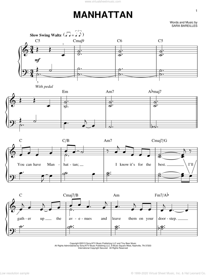 Manhattan sheet music for piano solo by Sara Bareilles, easy skill level