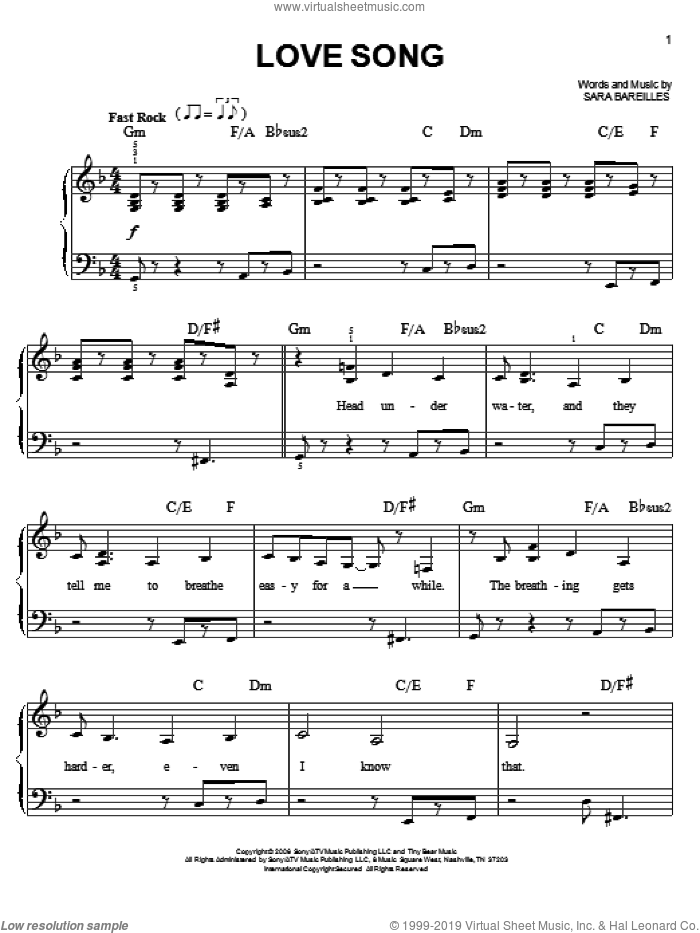 Love Song, (easy) sheet music for piano solo by Sara Bareilles, easy skill level
