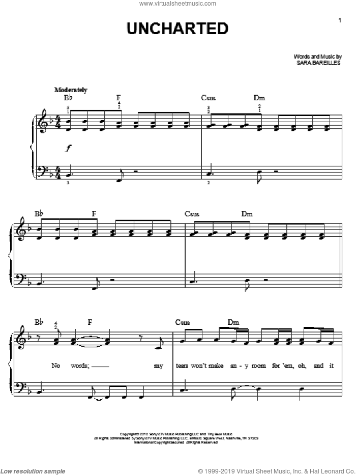 Uncharted sheet music for piano solo by Sara Bareilles, easy skill level