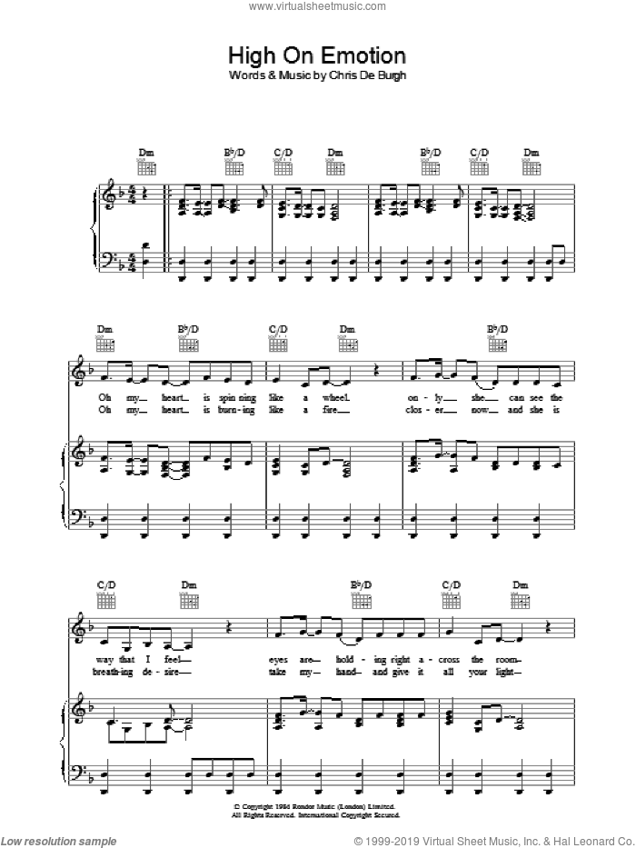 High On Emotion sheet music for voice, piano or guitar by Chris de Burgh, intermediate skill level