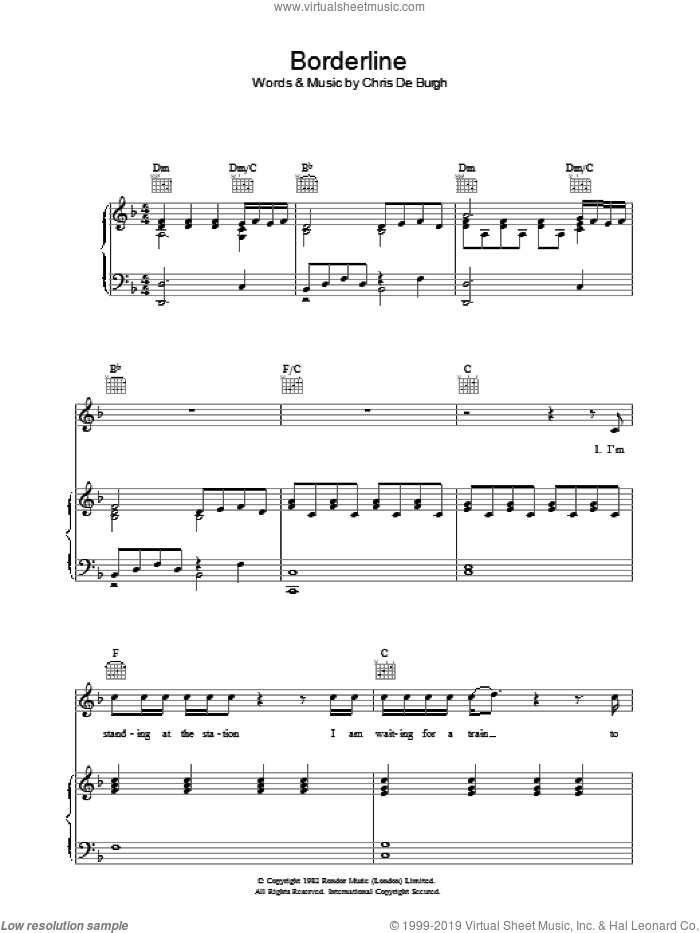 Borderline sheet music for voice, piano or guitar by Chris de Burgh, intermediate skill level