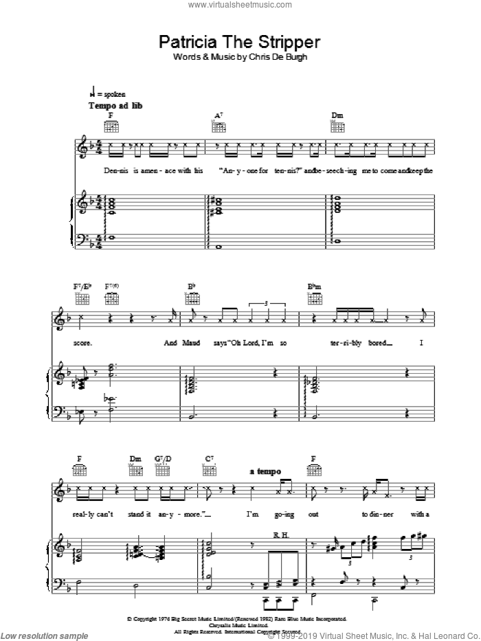 Patricia The Stripper sheet music for voice, piano or guitar by Chris de Burgh, intermediate skill level
