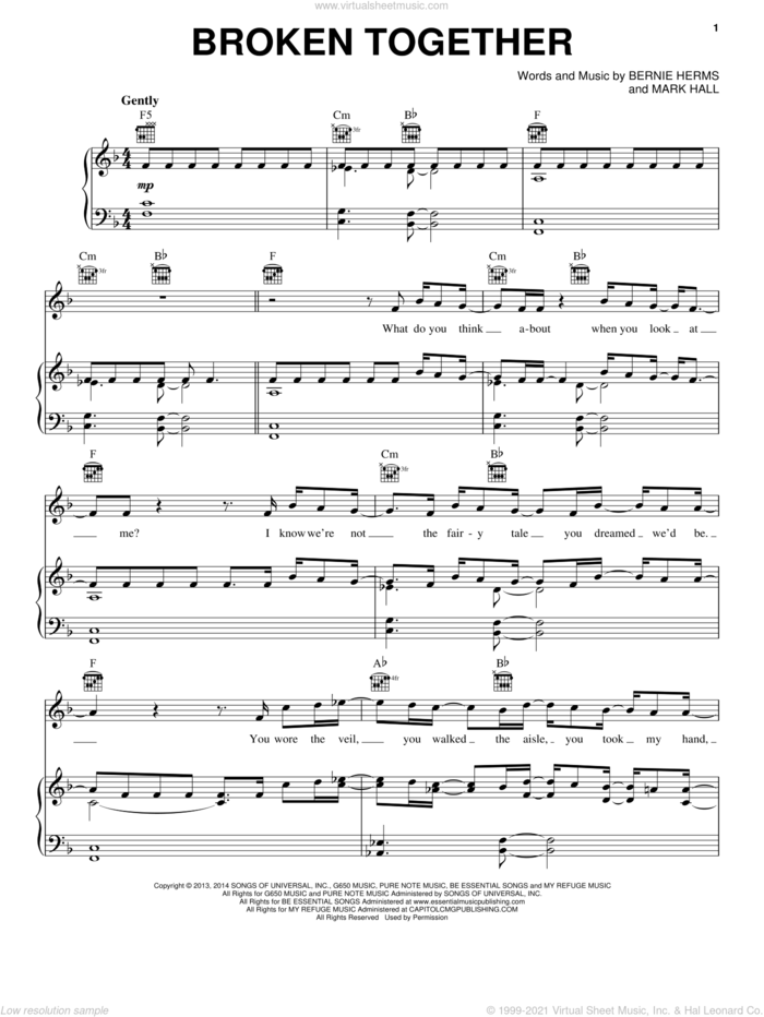 Broken Together sheet music for voice, piano or guitar by Casting Crowns, Bernie Herms and Mark Hall, intermediate skill level