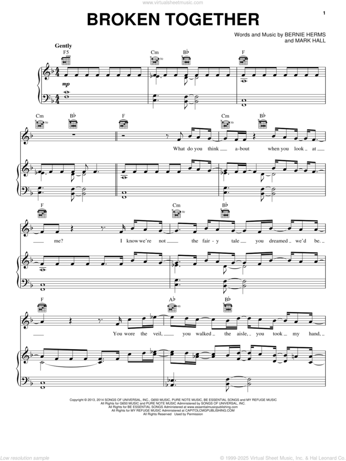 Broken Together sheet music for voice, piano or guitar by Casting Crowns, Bernie Herms and Mark Hall, intermediate skill level