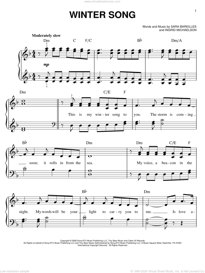 Winter Song sheet music for piano solo by Sara Bareilles and Ingrid Michaelson, easy skill level