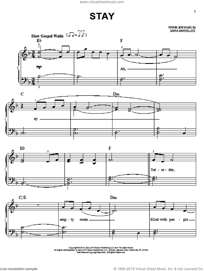 Stay sheet music for piano solo by Sara Bareilles, easy skill level
