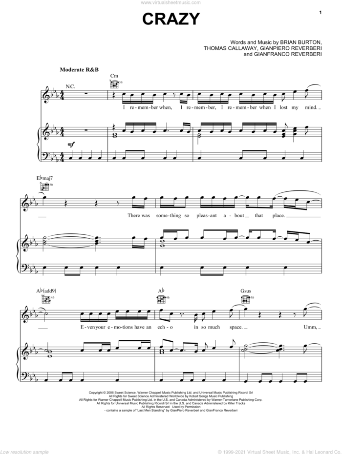 Crazy sheet music for voice, piano or guitar by Gnarls Barkley, Brian Burton, Gianfranco Reverberi, GianPiero Reverberi and Thomas Callaway, intermediate skill level