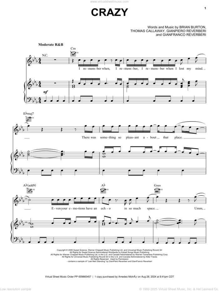 Crazy sheet music for voice, piano or guitar by Gnarls Barkley, Brian Burton, Gianfranco Reverberi, GianPiero Reverberi and Thomas Callaway, intermediate skill level