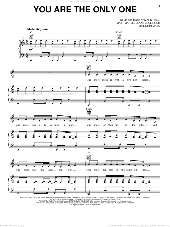 You Are The Only One sheet music for voice, piano or guitar by Casting Crowns, Blake Bollinger, John Mabe, Mark Hall and Matt Maher, intermediate skill level