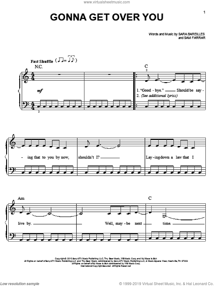 Gonna Get Over You sheet music for piano solo by Sara Bareilles and Sam Farrar, easy skill level
