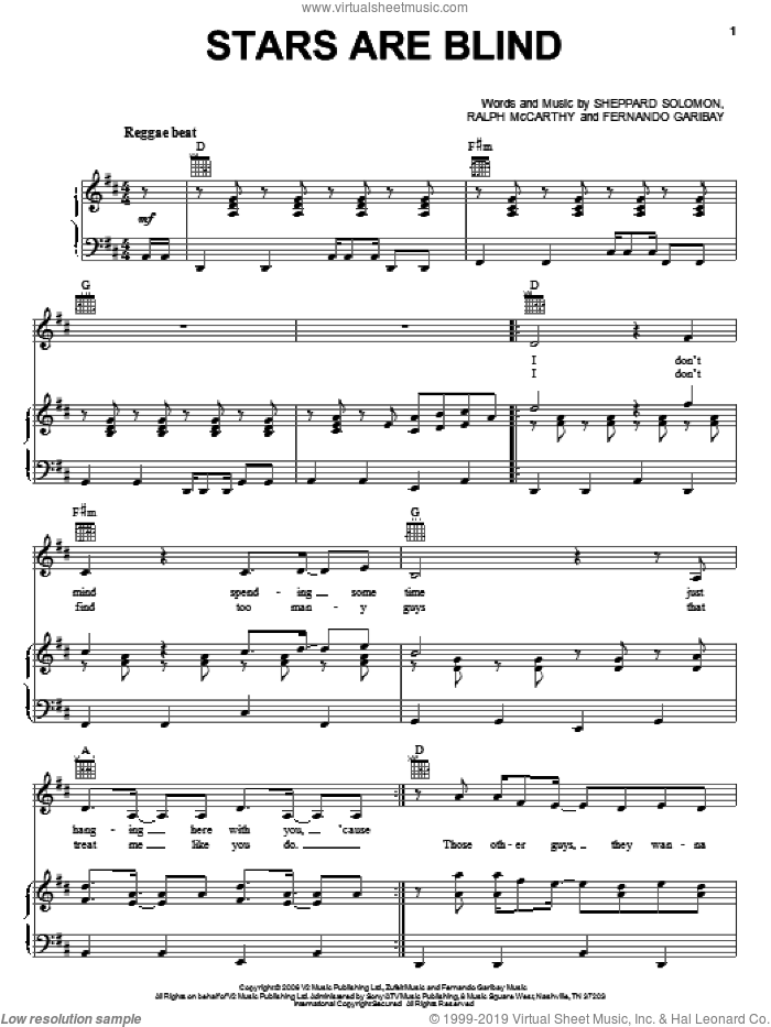 Stars Are Blind sheet music for voice, piano or guitar by Paris Hilton, Fernando Garibay, Ralph McCarthy and Sheppard Solomon, intermediate skill level