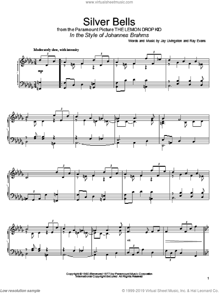 Silver Bells (in the style of Johannes Brahms) (arr. David Pearl) sheet music for piano solo by Jay Livingston, David Pearl and Ray Evans, intermediate skill level